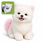 A fluffy white Pomeranian grins like a tiny marshmallow CEO, tongue peeking out and a hint of pink on the tail, happily posing on a bright green lawn — pure, concentrated adorable energy.