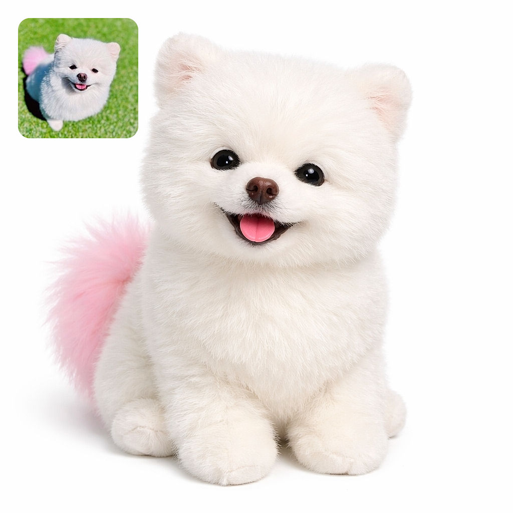 A fluffy white Pomeranian grins like a tiny marshmallow CEO, tongue peeking out and a hint of pink on the tail, happily posing on a bright green lawn — pure, concentrated adorable energy.