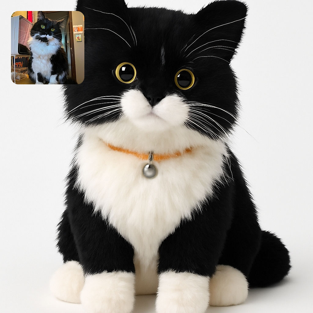 A fluffy black and white cat with striking green eyes sits regally on a wooden surface, wearing a tiny bell collar. The background shows a cozy indoor setting with plants and some wall decorations, adding a warm homey vibe.