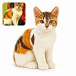 A confident calico-and-tabby cat sits upright like a tiny office manager, staring directly at the camera while perched on furniture. Warm orange tones, a green wall, and a draped blue garment create a cozy indoor backdrop, and the cat’s serious expression suggests it is waiting for its next important meeting.