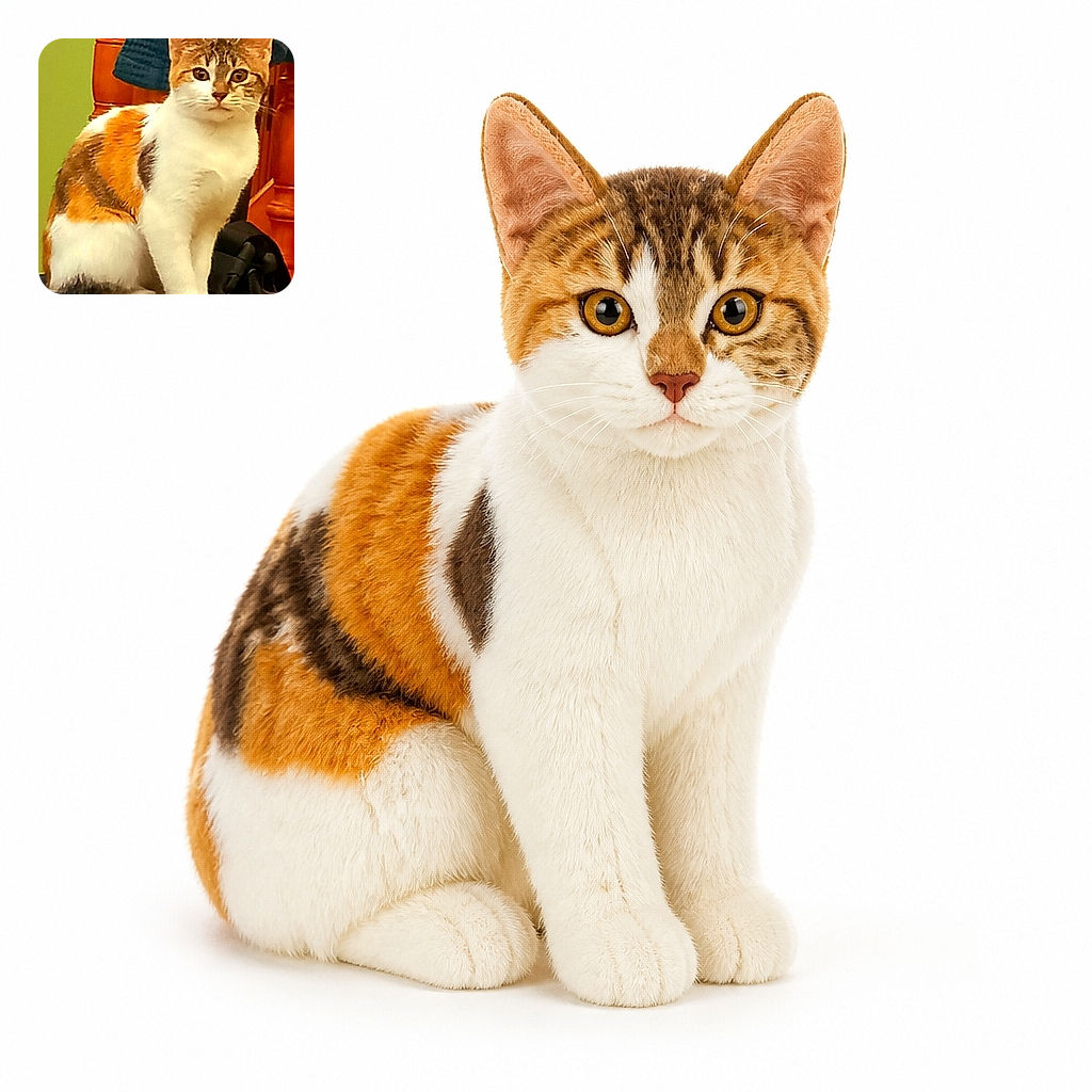 A confident calico-and-tabby cat sits upright like a tiny office manager, staring directly at the camera while perched on furniture. Warm orange tones, a green wall, and a draped blue garment create a cozy indoor backdrop, and the cat’s serious expression suggests it is waiting for its next important meeting.