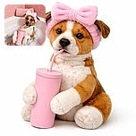 A chill dog is lounging in a bubble bath, rocking a fluffy pink headband with a big bow, casually sipping from a matching pink cup with a straw, surrounded by pink tiles and a rolled-up towel, living its best spa day.