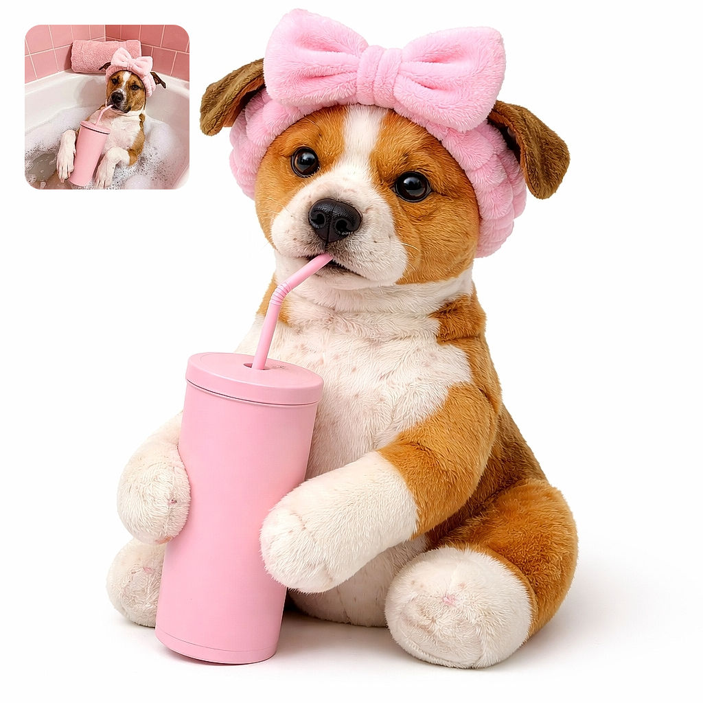 A chill dog is lounging in a bubble bath, rocking a fluffy pink headband with a big bow, casually sipping from a matching pink cup with a straw, surrounded by pink tiles and a rolled-up towel, living its best spa day.