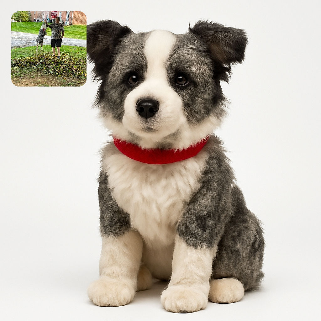 A man in camouflage shirt and black shorts is playfully interacting with a lively dog that is mid-jump over a pile of leaves in a suburban yard, with a stop sign and brick houses in the background.