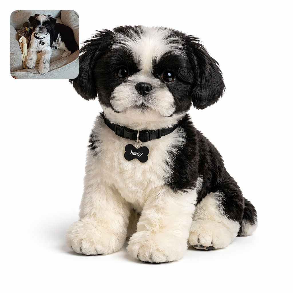 A pint-sized black-and-white Shih Tzu lounges like a tiny monarch in its plush bed, giving the camera a patient 'treat, please?' stare while toys and a jaunty yellow plush duck lounge on the tile at its feet.