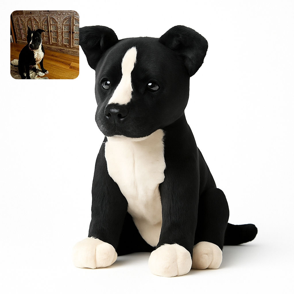 A charming black and white dog sits patiently on a textured rug in front of an ornately carved wooden cabinet. The warm wooden floor complements the rustic background, creating a cozy indoor scene where the dog's curious expression steals the show.