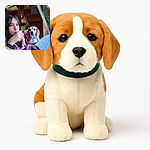 A cozy indoor scene featuring a young girl in a pink sweater holding a fork and knife, sitting at a polka-dot tablecloth-covered table with a blue plate. Beside her, a beagle dog looks attentively, seemingly hoping for a bite. The warm wooden interior and staircase decorated with greenery add a homely touch.