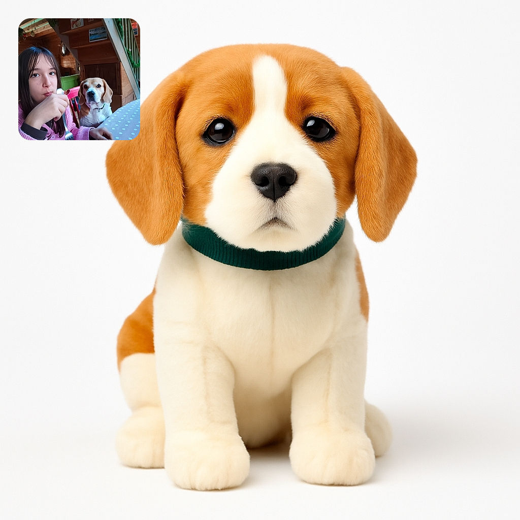 A cozy indoor scene featuring a young girl in a pink sweater holding a fork and knife, sitting at a polka-dot tablecloth-covered table with a blue plate. Beside her, a beagle dog looks attentively, seemingly hoping for a bite. The warm wooden interior and staircase decorated with greenery add a homely touch.