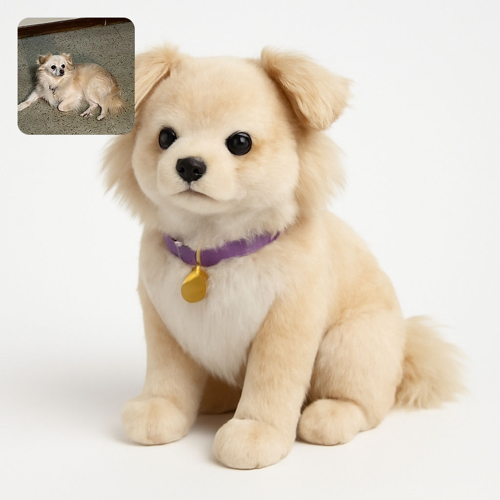 A fluffy cream-colored dog lounges on a speckled tile floor, looking off to the side with a calm and curious expression, its fur ruffled slightly and a collar with a tag visible.