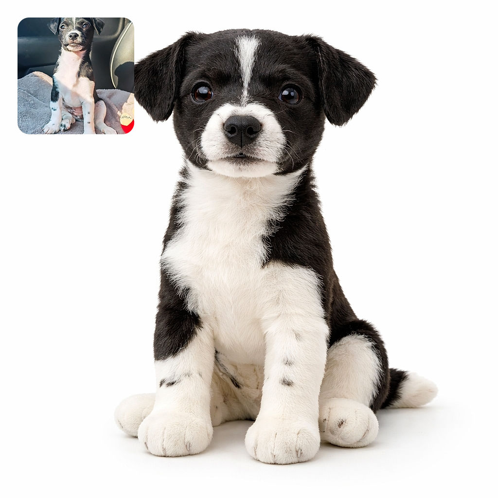 A charming black and white puppy sits upright on a cozy blanket inside a car, bathed in soft natural light that highlights its curious and slightly serious expression. The background is blurred, focusing all attention on this adorable little canine, who seems ready for an adventure or a cuddle.