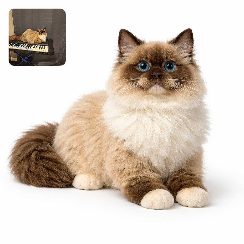 A regal fluffy cat loafs on a keyboard like it's conducting a symphony while a stealthy black kitty peeks out from under the stand plotting keyboard takeback — dramatic curtain backdrop completes the scene.
