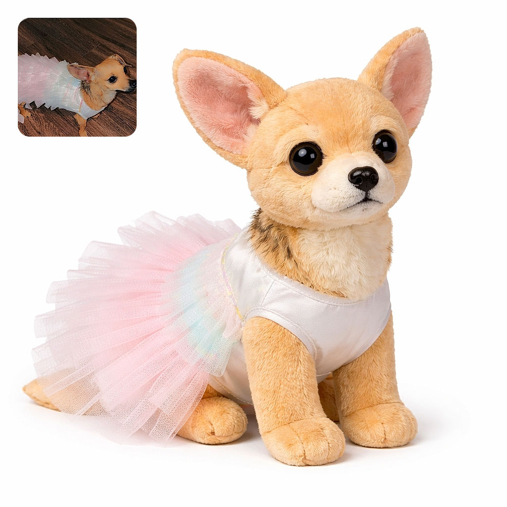 A tiny dog dressed in a delicate pastel tutu stands on a wooden floor, looking up with big, expressive eyes as if ready for a dance recital or a fancy party.