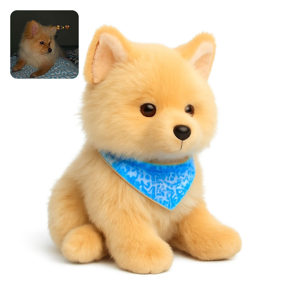 A fluffy, golden Pomeranian puppy lounges on a patterned blue and white bedspread, looking off to the side with a calm expression. The background is dark, highlighting the soft fur and cozy setting. A cute teddy bear, sparkle, and heart emoji float near the puppy's head, adding a playful touch.