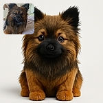 A fluffy, alert dog with a rich brown and black coat lounges comfortably on a soft bed with light-colored sheets, its ears perked up as if listening to an intriguing story.