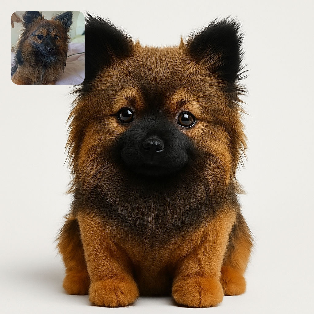 A fluffy, alert dog with a rich brown and black coat lounges comfortably on a soft bed with light-colored sheets, its ears perked up as if listening to an intriguing story.
