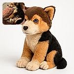 A cozy puppy curled up in a fluffy pink bed, looking sideways with a curious and slightly mischievous expression, as if caught in the act of some secret puppy business.