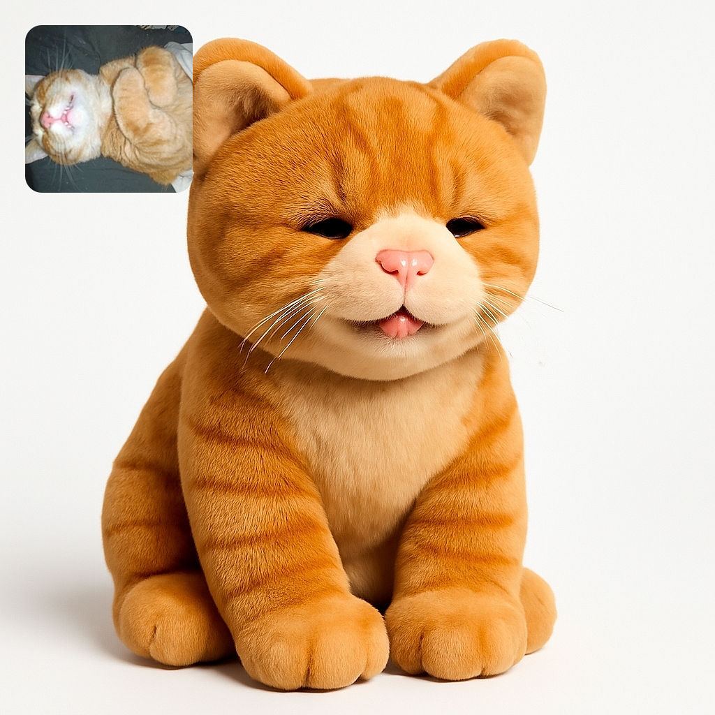 A blurry close-up of an orange tabby cat lying on its back, wrapped partially in a white blanket, showing its teeth in a relaxed or sleepy expression.