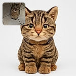 A curious tabby cat with big, round eyes looks up adorably from a tiled floor, whiskers spread wide as if ready to pounce or ask for treats.