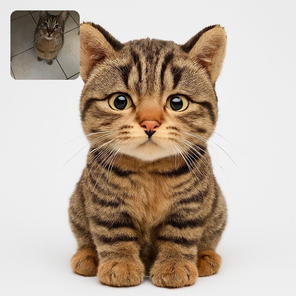 A curious tabby cat with big, round eyes looks up adorably from a tiled floor, whiskers spread wide as if ready to pounce or ask for treats.