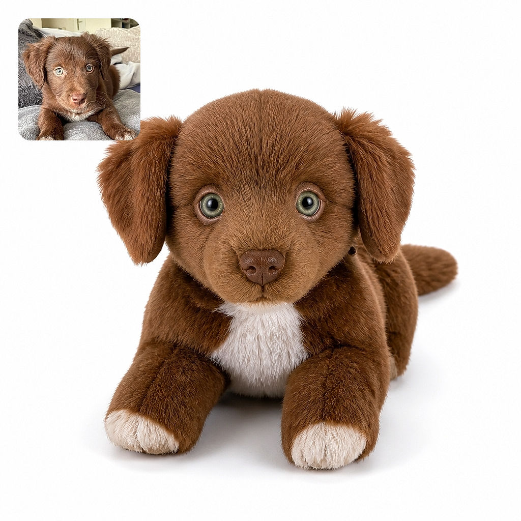 A fluffy chocolate-brown puppy stares intensely into the camera from a cozy blanket, looking like it has just discovered the secret to world domination—or at least where the treats are hidden. Its oversized paws and curious eyes make it the undeniable star of this snug indoor portrait.