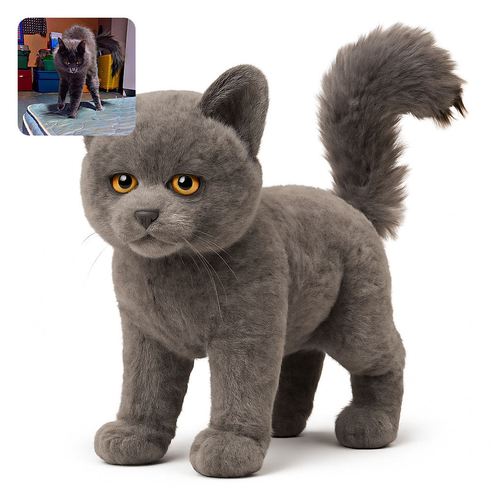 A fluffy gray cat with piercing yellow eyes is cautiously stepping on a worn mattress in a cluttered room filled with colorful storage bins and a bright yellow suitcase. The cat's tail is fluffed up, giving it a curious yet slightly startled appearance.