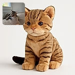 A curious tabby kitten is perched on the back of a textured beige couch, intently playing with a black tail-like object. The scene is softly lit by natural light coming from a nearby window, with a colorful blue and orange bag partially visible in the foreground.