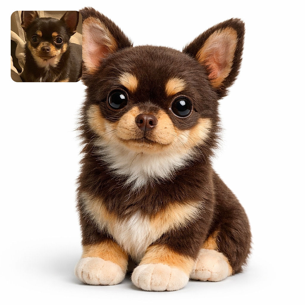 A tiny chihuahua stares into the camera with comically huge eyes and perky ears, as if it's secretly judging your snack choices — cozy blanket backdrop and velvety brown fur make it picture-perfect and unavoidably adorable.