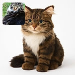 A fluffy tabby cat with striking green eyes lounges on a patch of green grass, looking directly at the camera with a slightly curious and relaxed expression. The cat's thick fur is a mix of dark and light stripes, and the natural outdoor setting adds a fresh, serene vibe to the photo.