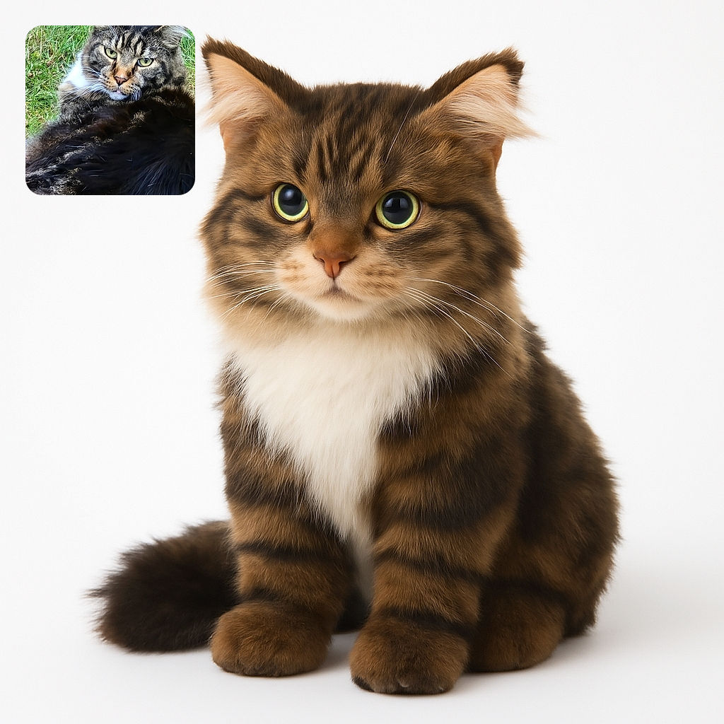 A fluffy tabby cat with striking green eyes lounges on a patch of green grass, looking directly at the camera with a slightly curious and relaxed expression. The cat's thick fur is a mix of dark and light stripes, and the natural outdoor setting adds a fresh, serene vibe to the photo.