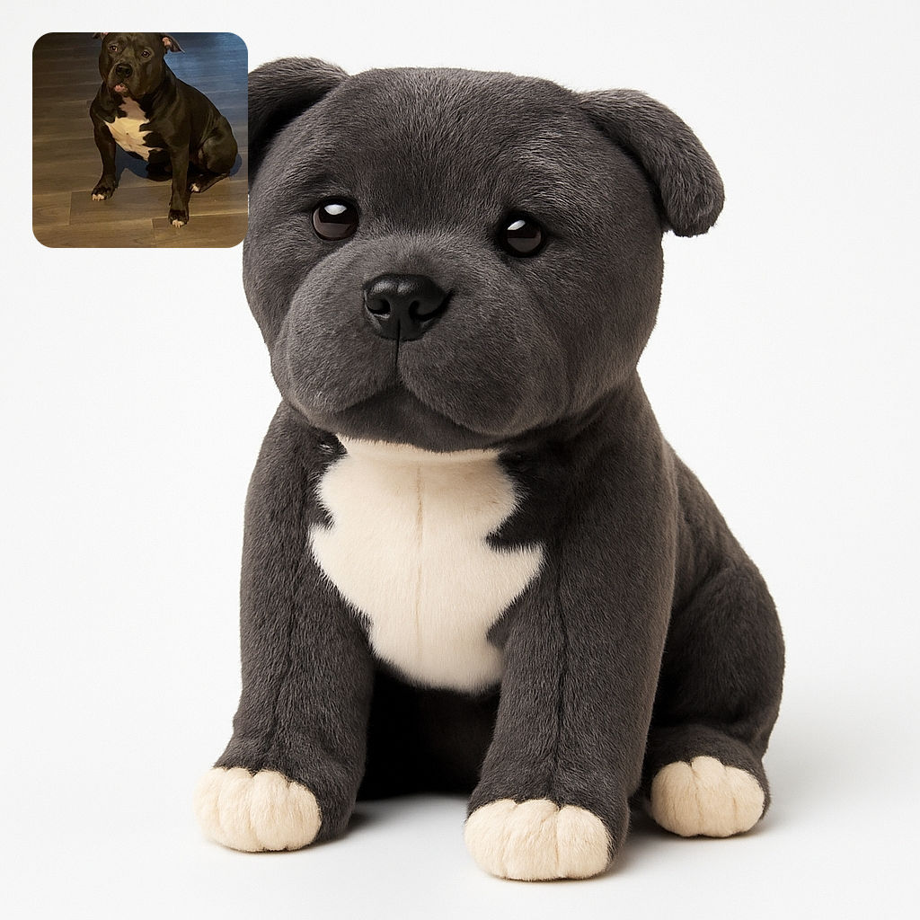 A sturdy black and white dog sits patiently on a wooden floor, looking up with soulful eyes in a softly lit indoor setting with a vacuum cleaner in the background.