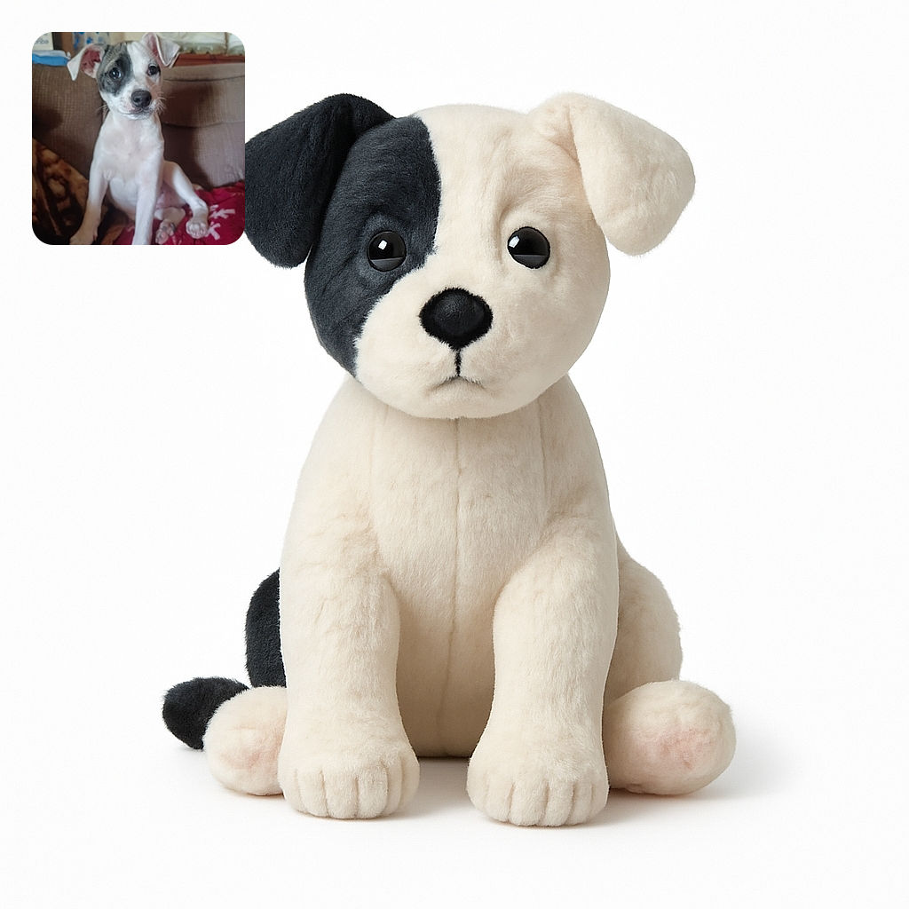 A cute puppy with a black patch over one eye sits on a cozy couch covered with blankets. The background shows some household items slightly out of focus, making the puppy the clear star of this warm, homey snapshot.