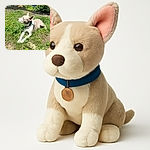 A serene dog basks in the warm sunlight, lying gracefully on a patch of green grass with a quirky blue garden statue in the background adding a splash of color and character to the peaceful backyard scene.