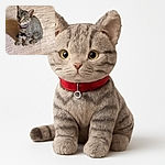 A curious tabby kitten with a pink collar sits attentively on a textured beige rug, eyes wide open as if plotting its next playful adventure.