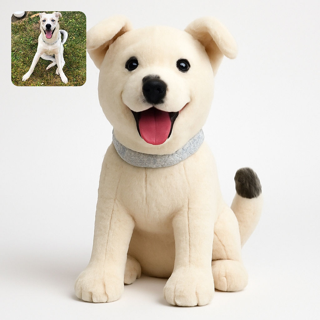 A happy dog with striking blue eyes sits on a patchy grassy lawn, tongue out in a big smile, looking ready for a game or a belly rub. A white bowl sits nearby, hinting at a recent snack or water break.