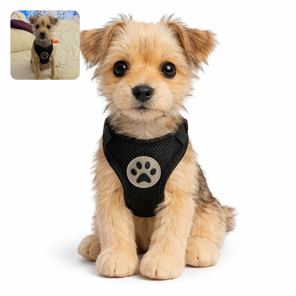 A tiny scruffy dog with big, shiny eyes stares directly at the camera, wearing a black harness with a paw print emblem. The pup sits on a cozy cream-colored blanket with a soft, floral blue and white background, looking like a furry little superhero ready for adventure.