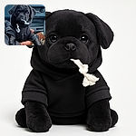 A charming black puppy dressed in a cozy black hoodie, chewing on the hoodie string with an innocent yet mischievous expression, held gently by a person inside a car with a blurred outdoor background.