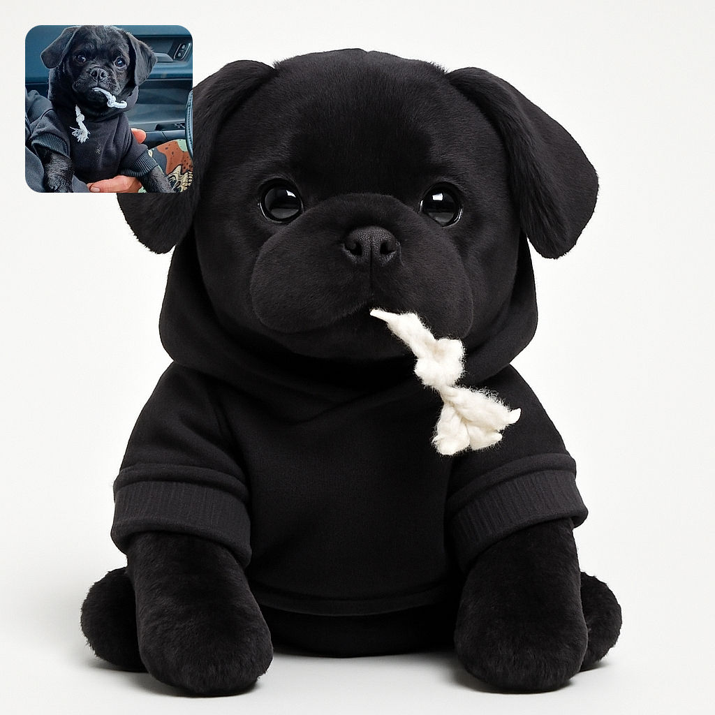 A charming black puppy dressed in a cozy black hoodie, chewing on the hoodie string with an innocent yet mischievous expression, held gently by a person inside a car with a blurred outdoor background.