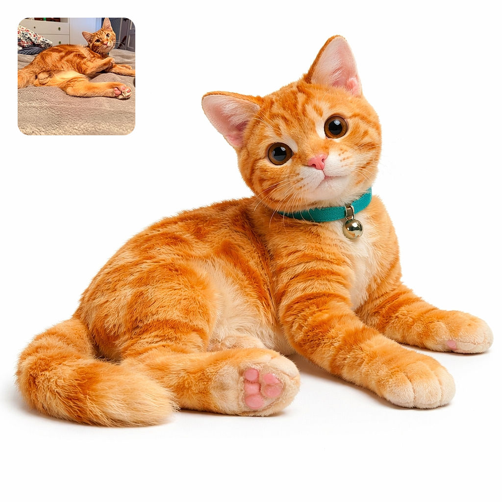 An orange tabby has claimed the comfiest spot on the bed and poses like a tiny, furry model — pink paw beans and whiskers on full display as if to say, 'yes, this is my photoshoot.'