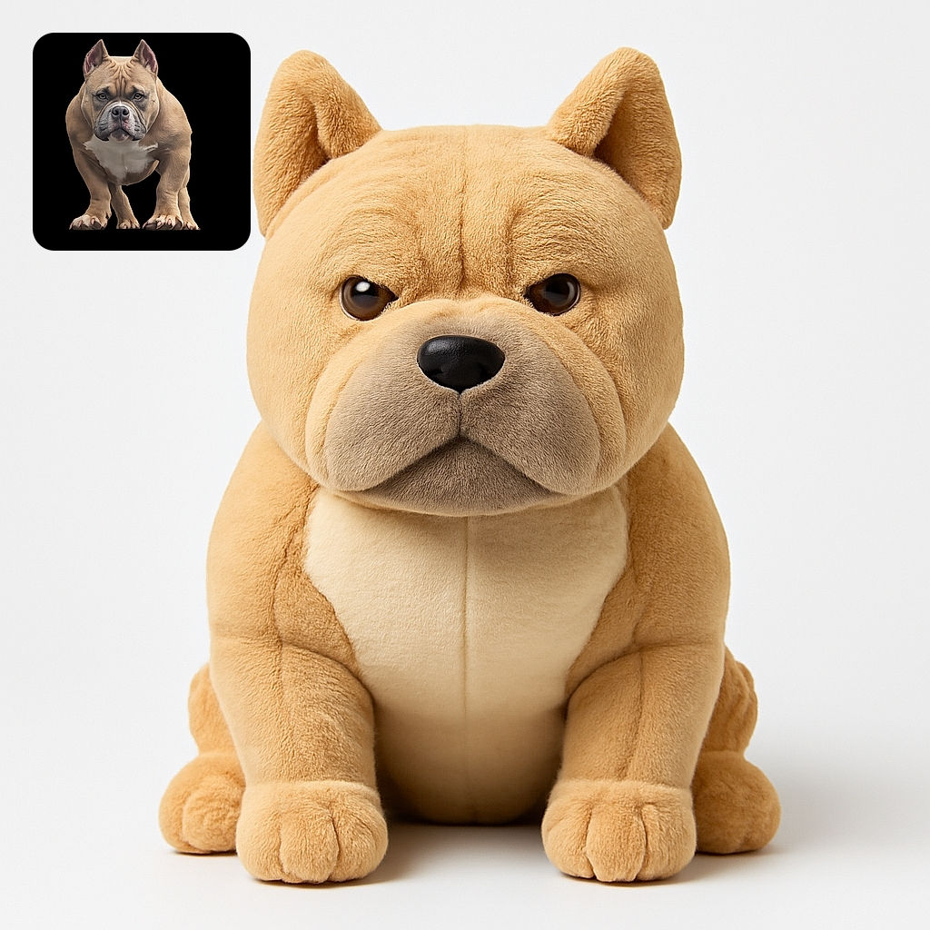 A muscular bulldog stands proudly in the center, its serious expression and strong stance highlighted by soft, artistic lighting and a smooth gradient background, giving it the aura of a canine superhero ready to save the day.