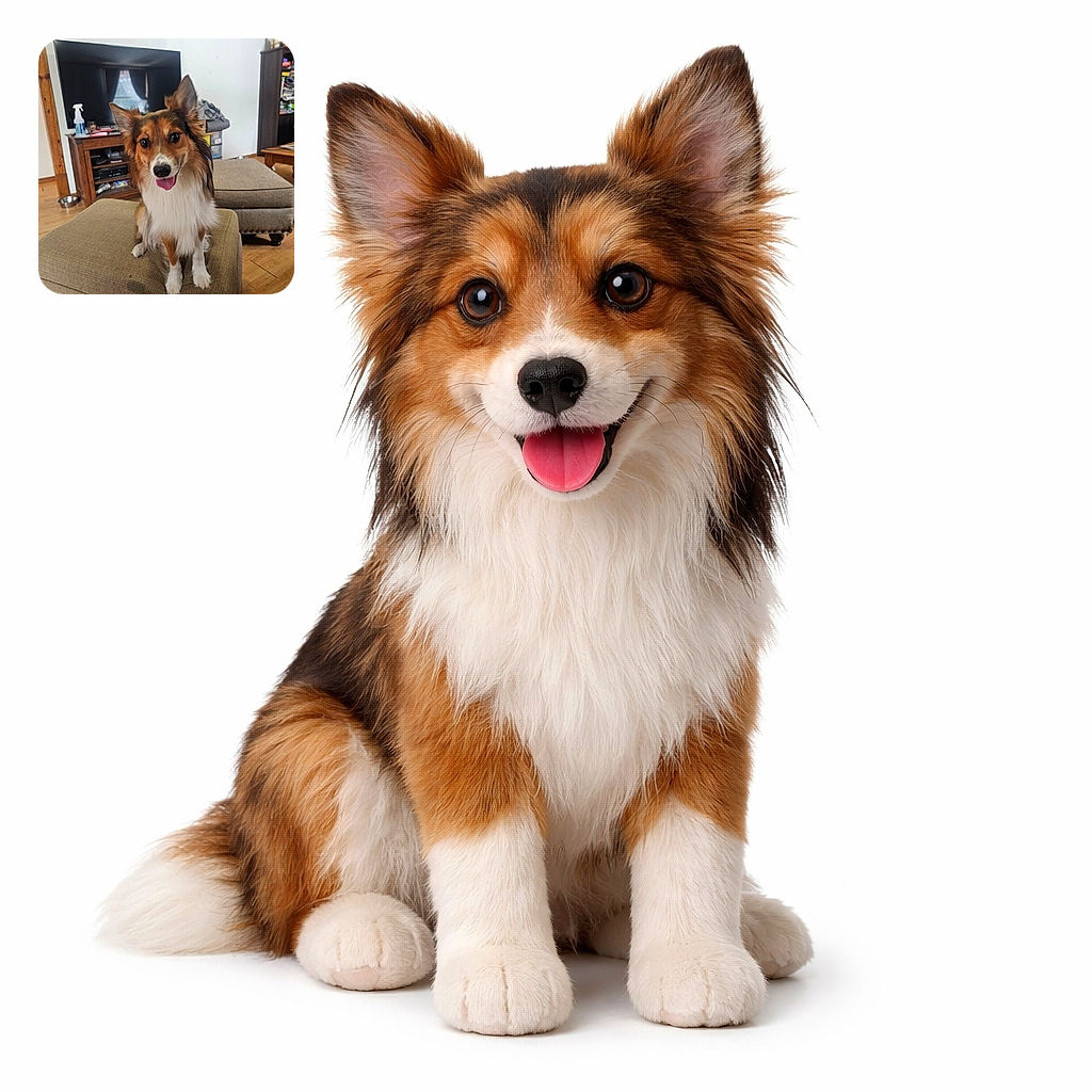 A happy, big‑eared dog perched like it owns the ottoman, tongue out and eyes locked on the camera while a TV and cozy living‑room clutter form the relaxed background — part concierge, part floofy supervisor.