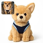 A small tan dog wearing a harness sits attentively on a wooden floor in front of a cozy blue pet tent, looking straight at the camera with big, curious eyes.