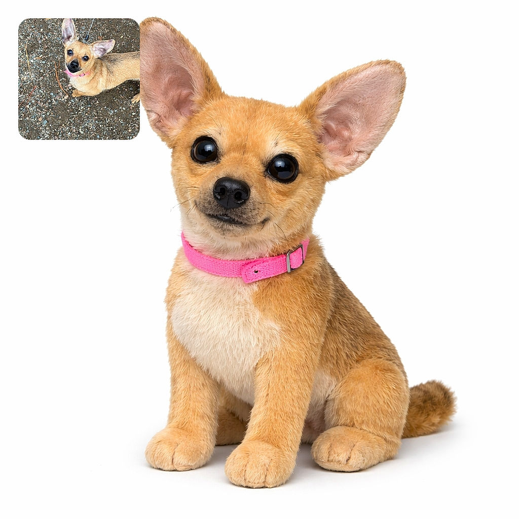 A curious small dog with oversized ears and a pink collar looks up eagerly from a gravelly ground, tethered by a leash held by someone wearing a hiking shoe. The dog's eyes sparkle with anticipation, making it look like it's ready for an adventure or a treat.