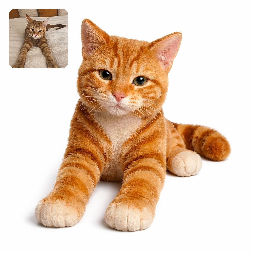 A relaxed ginger tabby has fully committed to maximum stretch mode on a plush bed — front paws out like a tiny furry superhero landing, whiskers quivering with judgment, and a pink nose that demands pets (and respect). A cozy indoor portrait with decorative pillows and a playful overlay at the bottom.