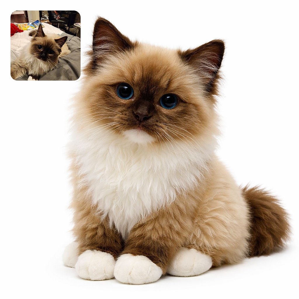 A fluffy, big-eyed cat stares at the camera with the solemn intensity of a tiny, furry monarch while lounging on a rumpled bed — background shows an office chair, scattered books and cozy household clutter. The cat's white paw and dramatic whiskers add extra personality, as if it just interrupted your work to demand pets and snacks.