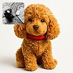 A charming poodle with a fluffy, stylish haircut sits attentively on a textured circular rug, next to a bag and a card, all captured in a dramatic black and white filter that adds a vintage and artistic vibe.
