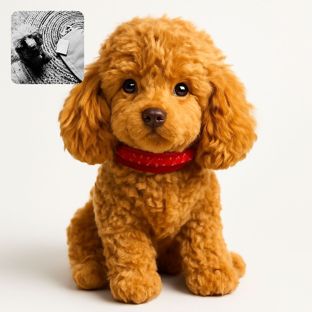 A charming poodle with a fluffy, stylish haircut sits attentively on a textured circular rug, next to a bag and a card, all captured in a dramatic black and white filter that adds a vintage and artistic vibe.