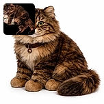 A fluffy tabby cat lounges regally on a small cushioned chair, clutching a white plush toy, against a stark black background that makes its fur and the toy pop dramatically.