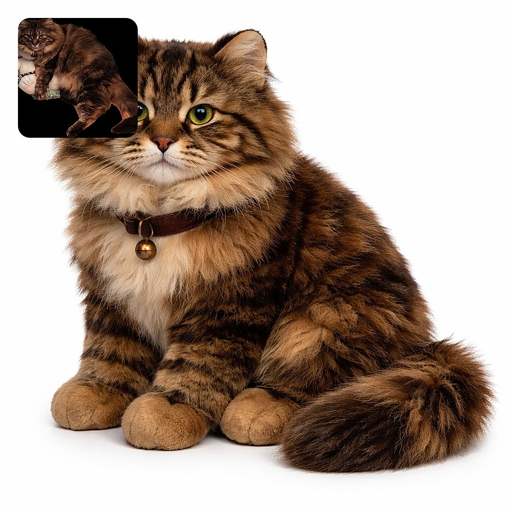 A fluffy tabby cat lounges regally on a small cushioned chair, clutching a white plush toy, against a stark black background that makes its fur and the toy pop dramatically.