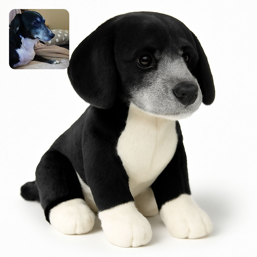 A wise-looking black and white dog with a touch of gray on its face lounges on a cozy beige blanket, gazing thoughtfully to the side. Behind, a polka-dotted pillow and some stuffed toys add a homey vibe to the scene.