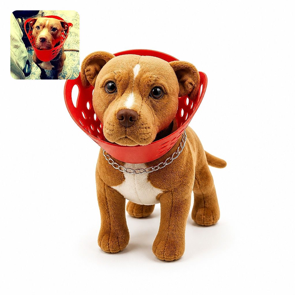 A solemn-looking dog has apparently been promoted to chief laundry inspector, wearing a bright red basket like a very fashionable muzzle while posing proudly on a patterned rug.